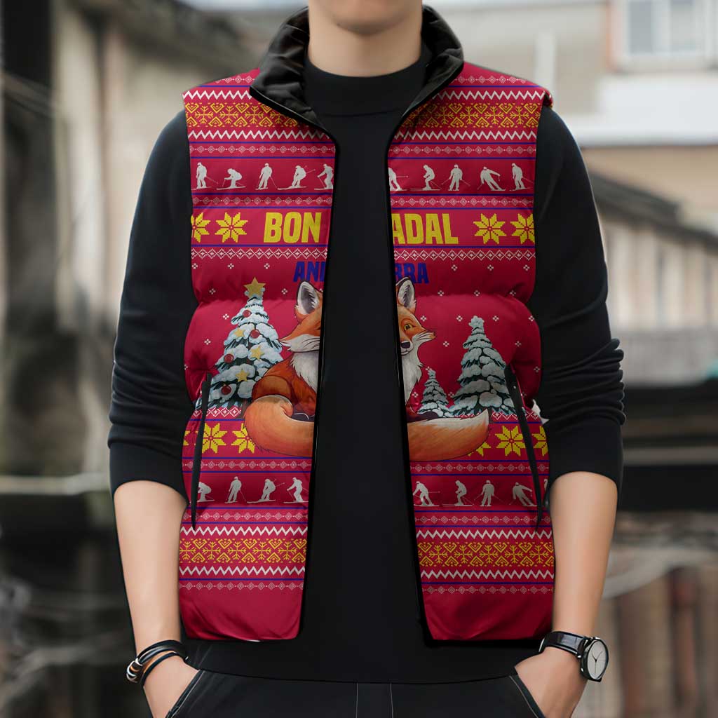 Bon Nadal Andorra Christmas Sleeveless Puffer Jacket with Fox Snowy Trees and Andorran Flag - Wonder Print Shop