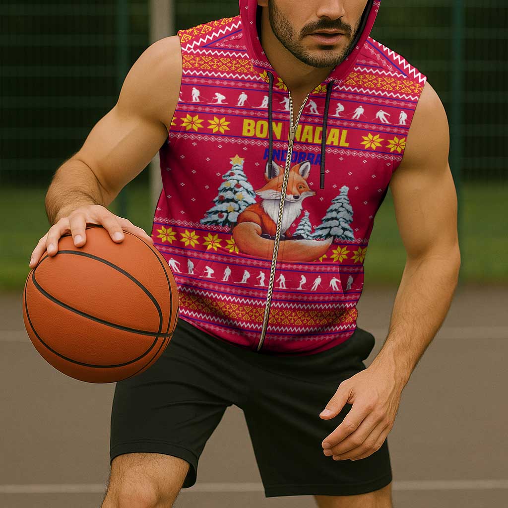 Bon Nadal Andorra Christmas Sleeveless Zip Hoodie with Fox Snowy Trees and Andorran Flag - Wonder Print Shop