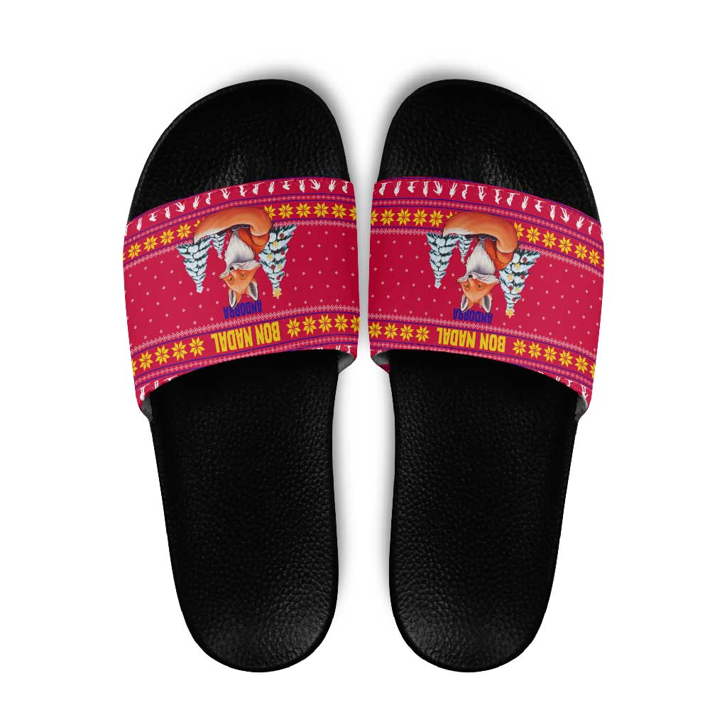 Bon Nadal Andorra Christmas Slide Sandals with Fox Snowy Trees and Andorran Flag - Wonder Print Shop
