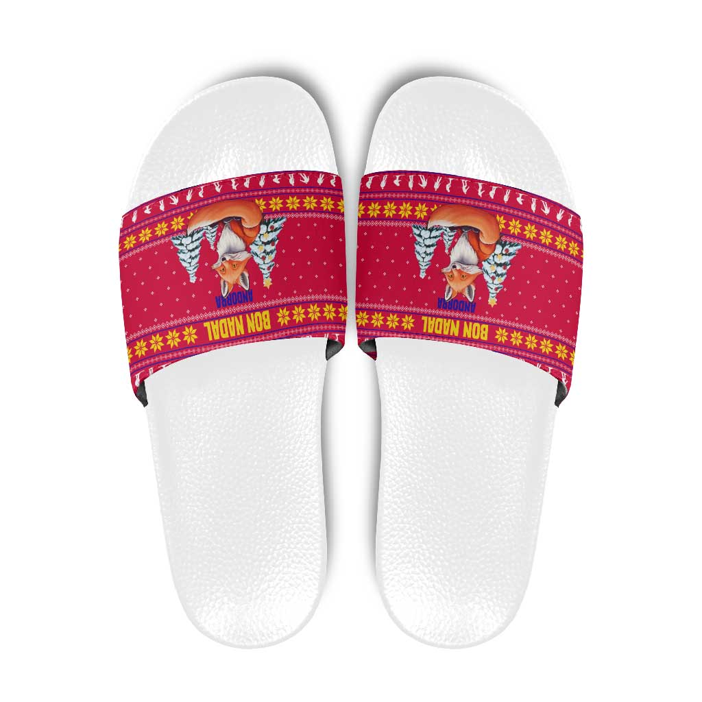 Bon Nadal Andorra Christmas Slide Sandals with Fox Snowy Trees and Andorran Flag - Wonder Print Shop