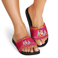 Bon Nadal Andorra Christmas Slide Sandals with Fox Snowy Trees and Andorran Flag - Wonder Print Shop