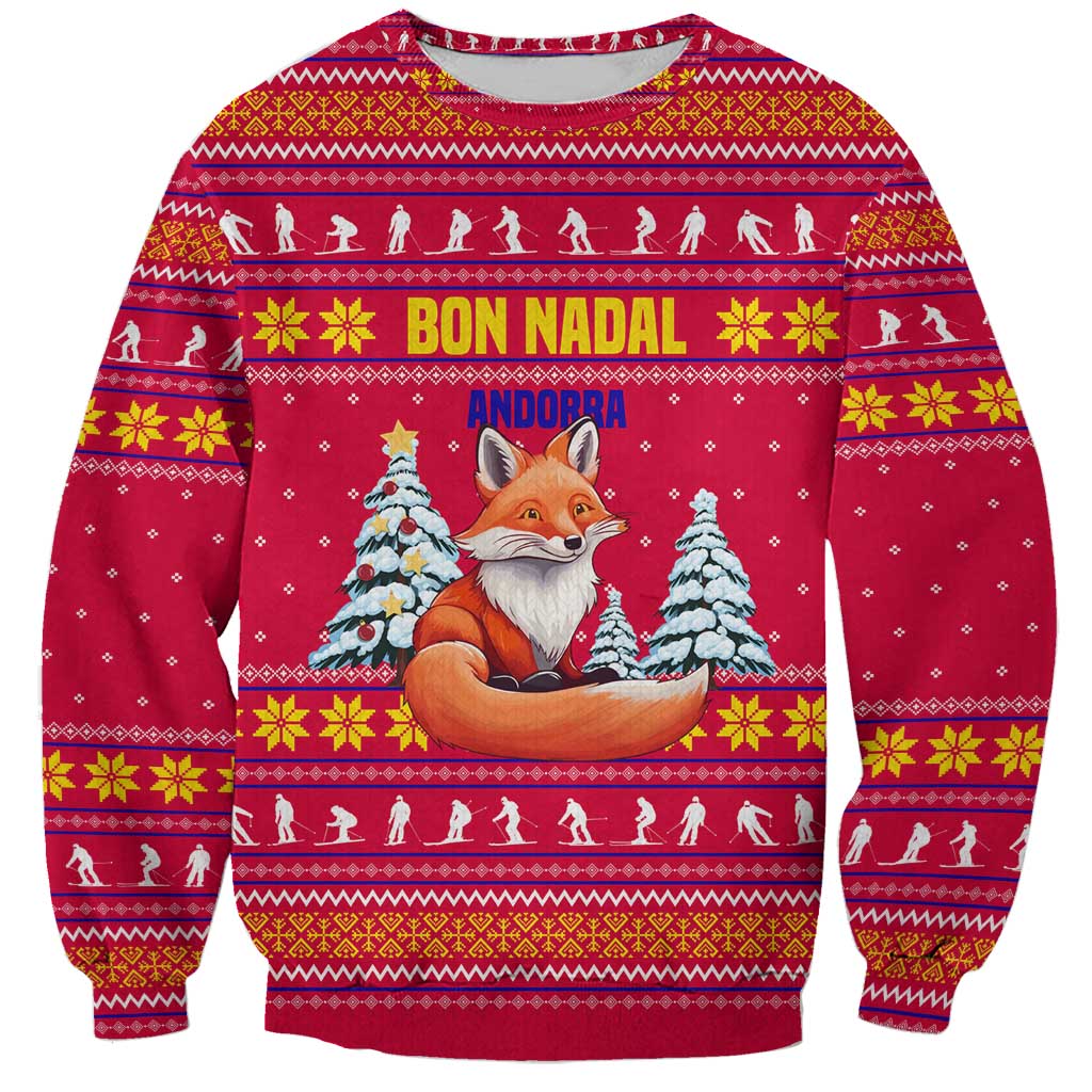 Bon Nadal Andorra Christmas Sweatshirt with Fox Snowy Trees and Andorran Flag - Wonder Print Shop