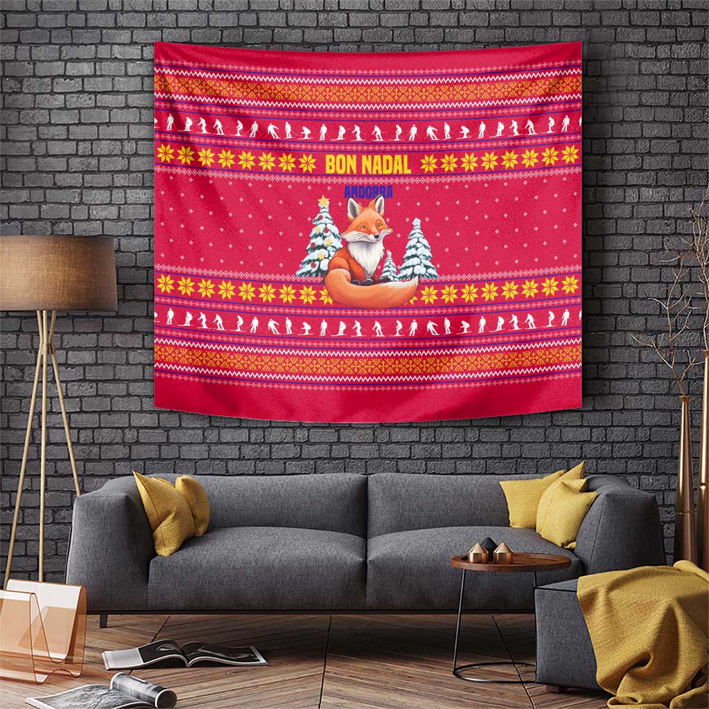 Bon Nadal Andorra Christmas Tapestry with Fox Snowy Trees and Andorran Flag - Wonder Print Shop
