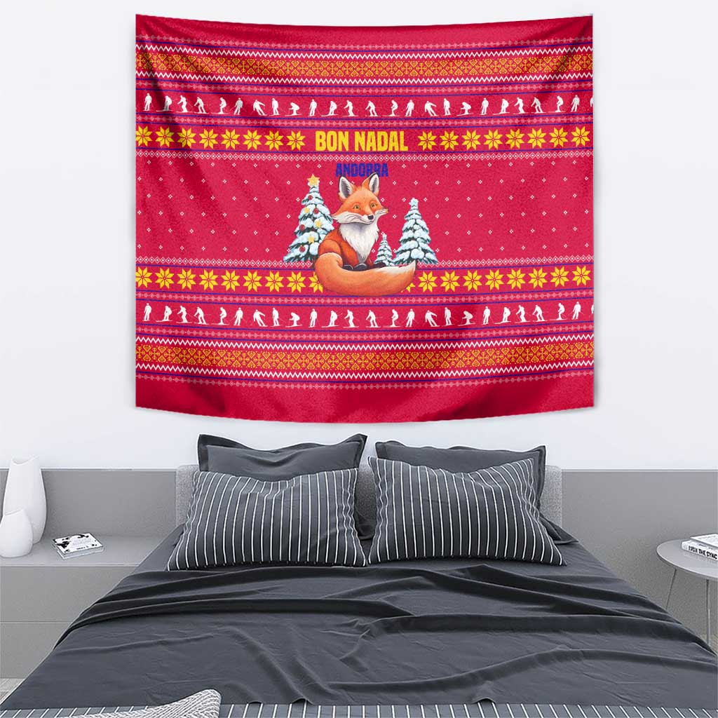 Bon Nadal Andorra Christmas Tapestry with Fox Snowy Trees and Andorran Flag - Wonder Print Shop