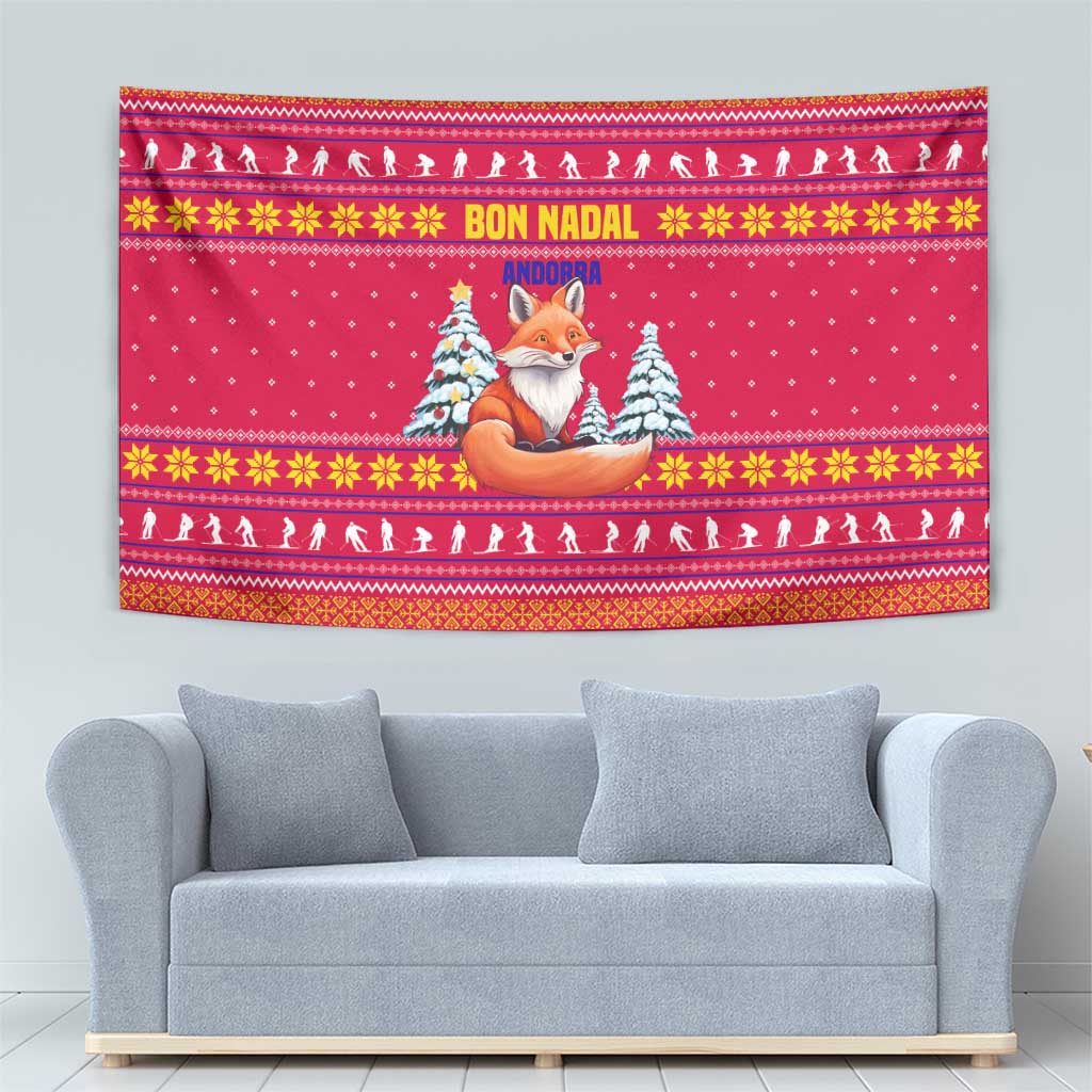 Bon Nadal Andorra Christmas Tapestry with Fox Snowy Trees and Andorran Flag - Wonder Print Shop