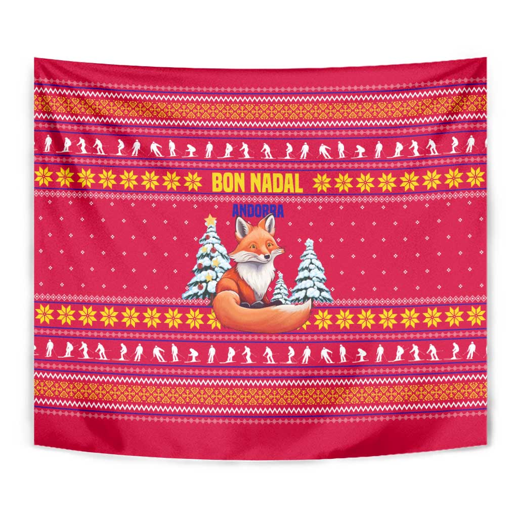 Bon Nadal Andorra Christmas Tapestry with Fox Snowy Trees and Andorran Flag - Wonder Print Shop