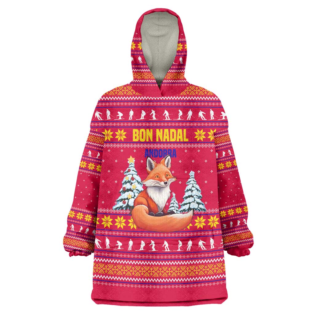 Bon Nadal Andorra Christmas Wearable Blanket Hoodie with Fox Snowy Trees and Andorran Flag - Wonder Print Shop