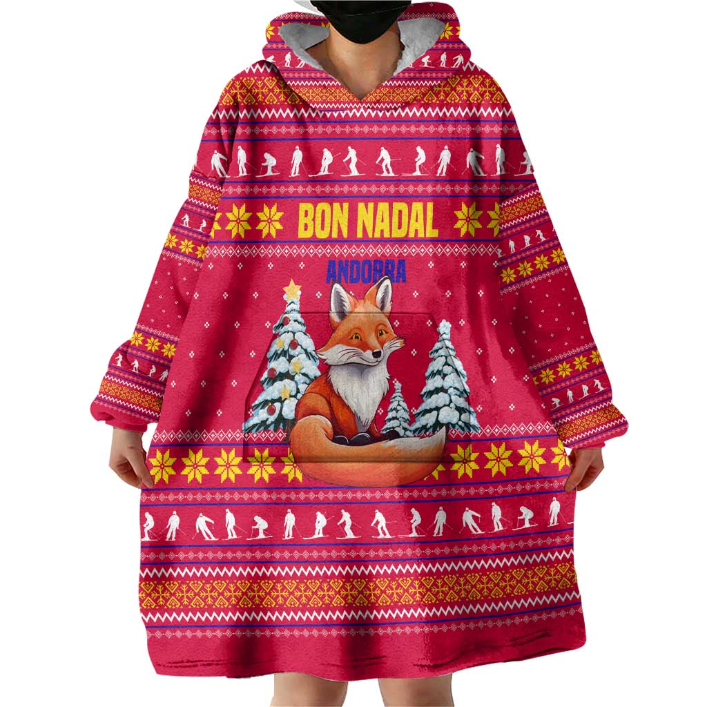 Bon Nadal Andorra Christmas Wearable Blanket Hoodie with Fox Snowy Trees and Andorran Flag - Wonder Print Shop