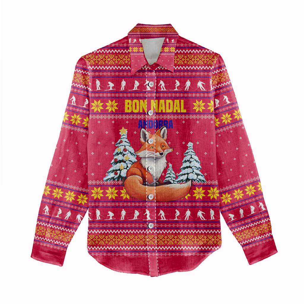 Bon Nadal Andorra Christmas Women Casual Shirt with Fox Snowy Trees and Andorran Flag - Wonder Print Shop