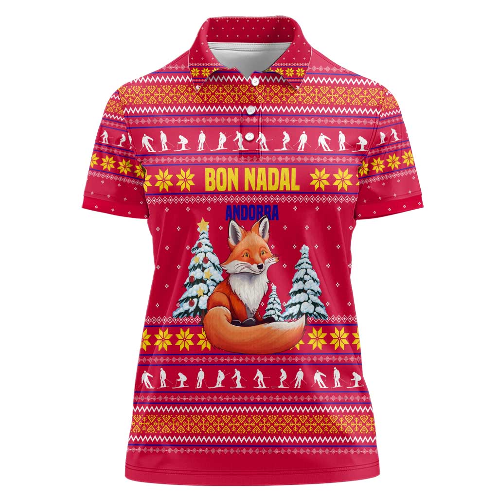 Bon Nadal Andorra Christmas Women Polo Shirt with Fox Snowy Trees and Andorran Flag - Wonder Print Shop