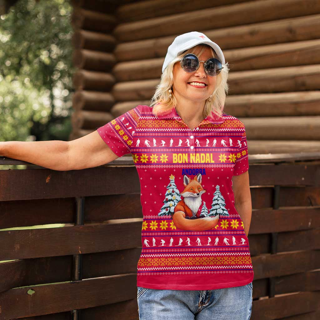 Bon Nadal Andorra Christmas Women Polo Shirt with Fox Snowy Trees and Andorran Flag - Wonder Print Shop