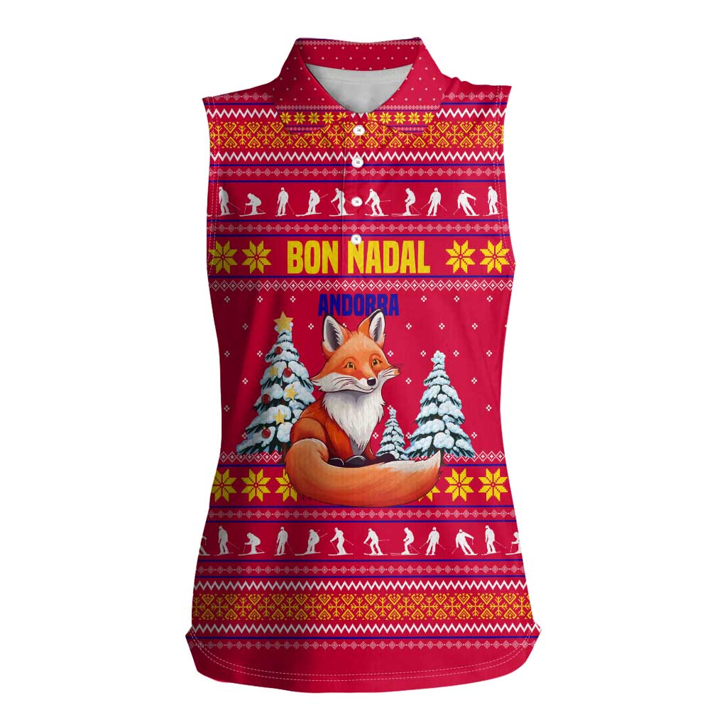 Bon Nadal Andorra Christmas Women Sleeveless Polo Shirt with Fox Snowy Trees and Andorran Flag - Wonder Print Shop