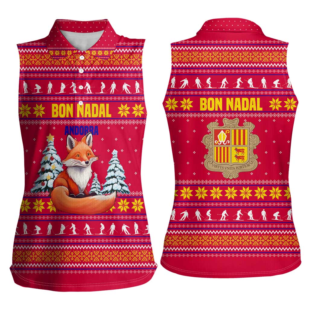 Bon Nadal Andorra Christmas Women Sleeveless Polo Shirt with Fox Snowy Trees and Andorran Flag - Wonder Print Shop