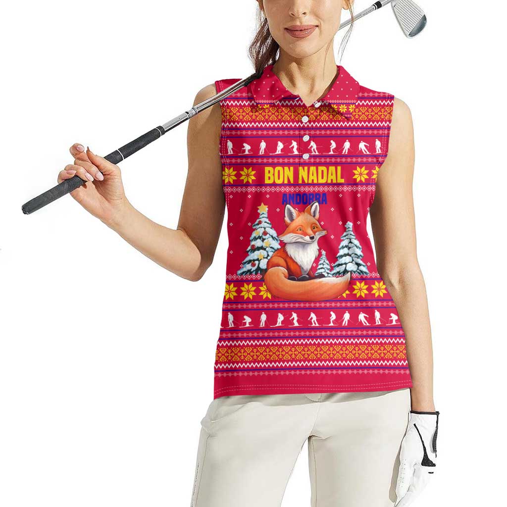 Bon Nadal Andorra Christmas Women Sleeveless Polo Shirt with Fox Snowy Trees and Andorran Flag - Wonder Print Shop