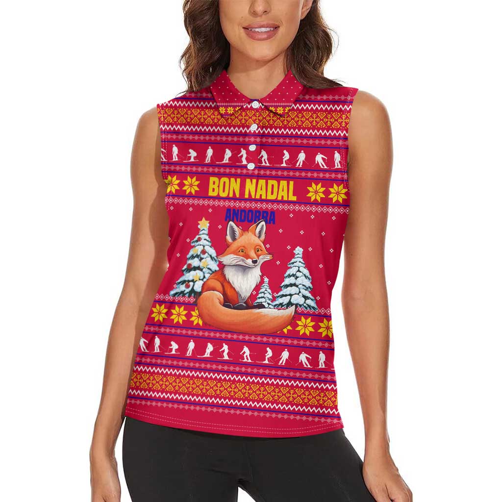 Bon Nadal Andorra Christmas Women Sleeveless Polo Shirt with Fox Snowy Trees and Andorran Flag - Wonder Print Shop