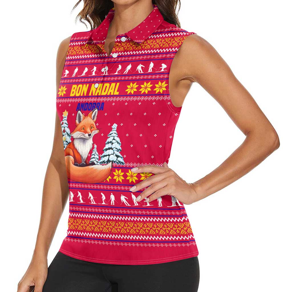 Bon Nadal Andorra Christmas Women Sleeveless Polo Shirt with Fox Snowy Trees and Andorran Flag - Wonder Print Shop
