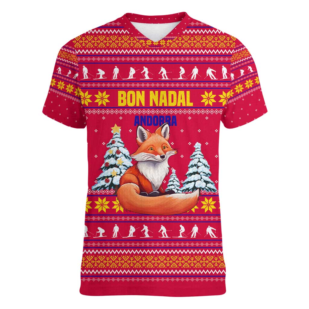 Bon Nadal Andorra Christmas Women V-Neck T-Shirt with Fox Snowy Trees and Andorran Flag - Wonder Print Shop