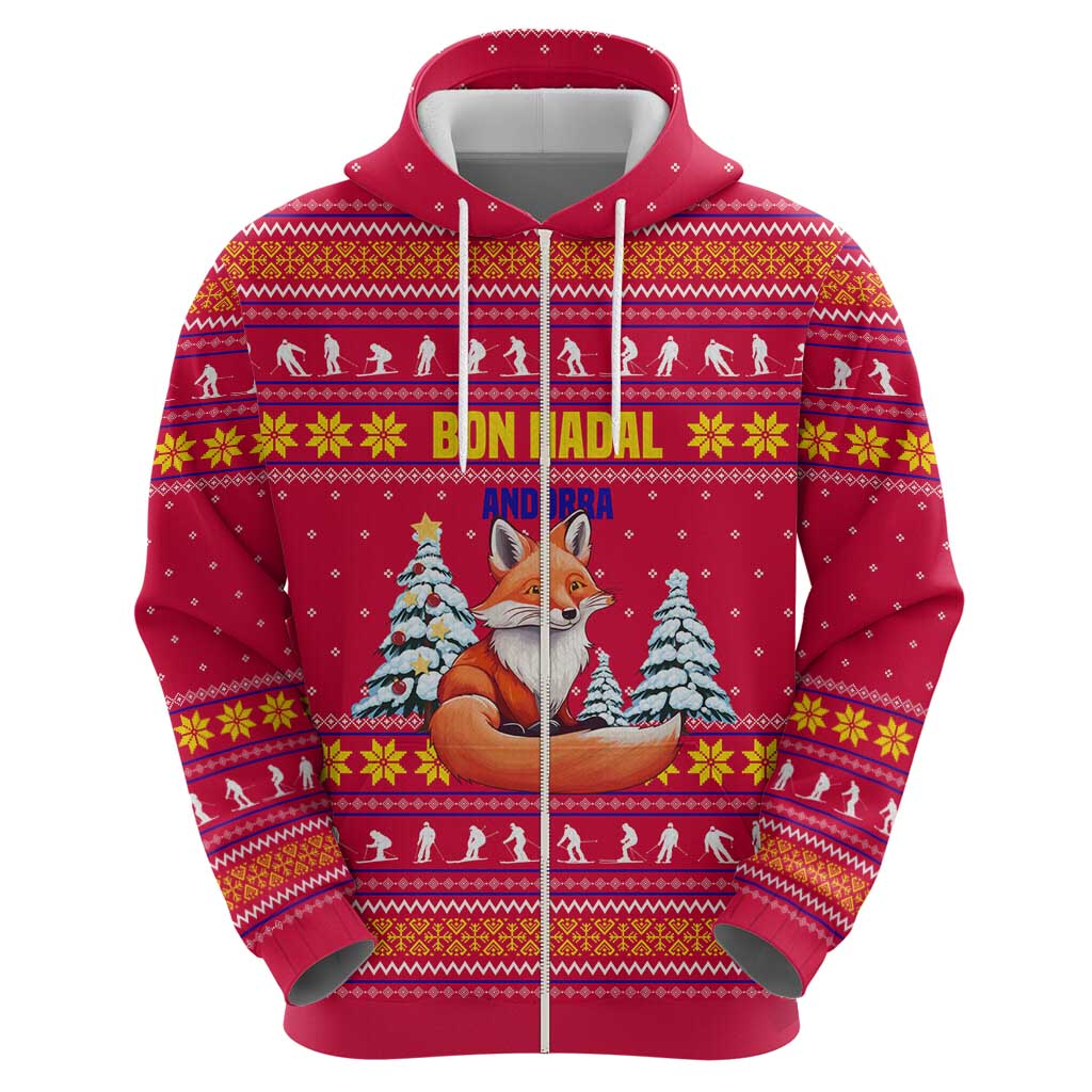 Bon Nadal Andorra Christmas Zip Hoodie with Fox Snowy Trees and Andorran Flag - Wonder Print Shop
