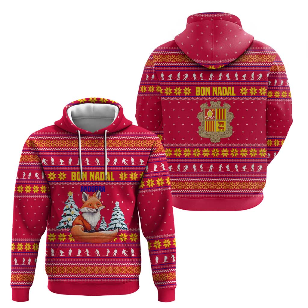 Bon Nadal Andorra Christmas Zip Hoodie with Fox Snowy Trees and Andorran Flag - Wonder Print Shop