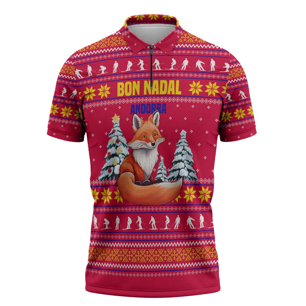 Bon Nadal Andorra Christmas Zipper Polo Shirt with Fox Snowy Trees and Andorran Flag - Wonder Print Shop