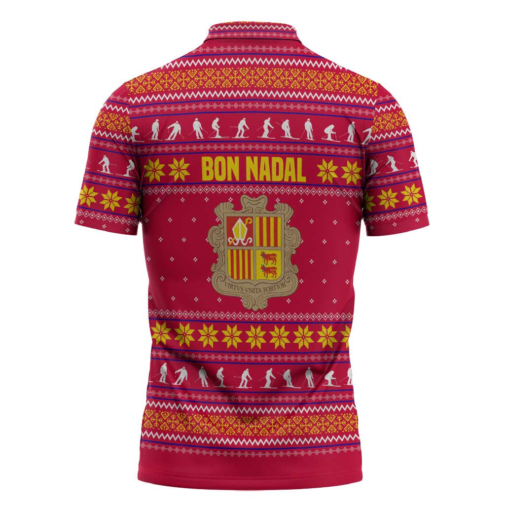 Bon Nadal Andorra Christmas Zipper Polo Shirt with Fox Snowy Trees and Andorran Flag - Wonder Print Shop