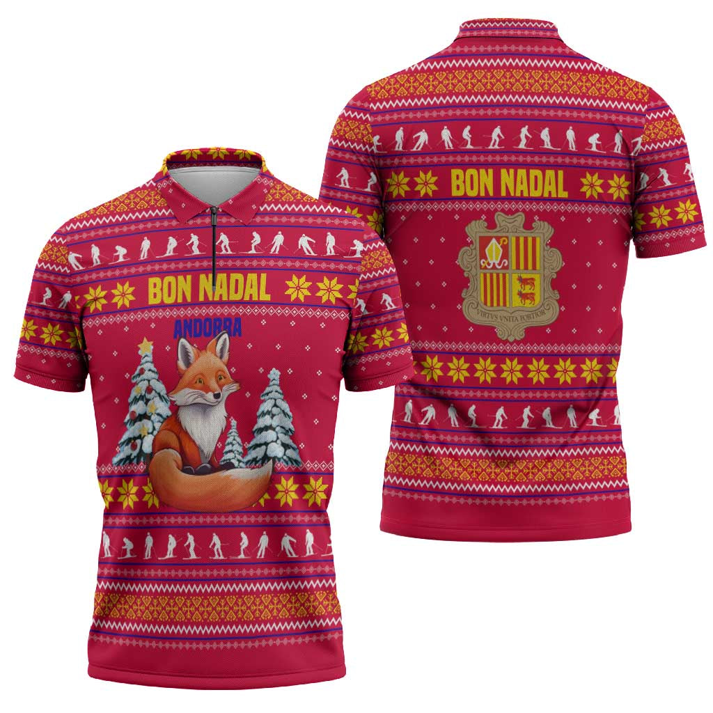 Bon Nadal Andorra Christmas Zipper Polo Shirt with Fox Snowy Trees and Andorran Flag - Wonder Print Shop