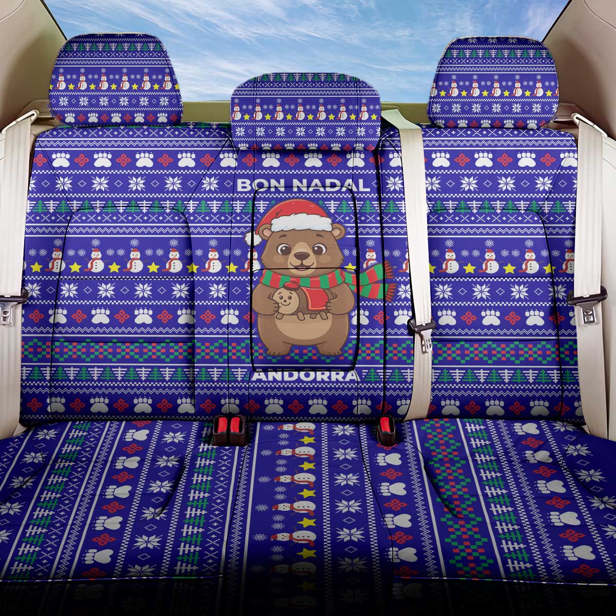 Bon Nadal Andorra Christmas Back Car Seat Cover Holiday Bear, Snowflakes, Paw Prints & Winter - Wonder Print Shop