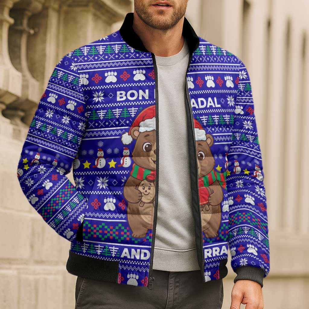 Bon Nadal Andorra Christmas Bomber Puffer Jacket Holiday Bear, Snowflakes, Paw Prints & Winter - Wonder Print Shop