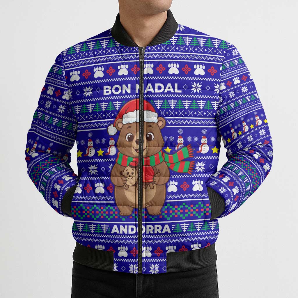 Bon Nadal Andorra Christmas Bomber Puffer Jacket Holiday Bear, Snowflakes, Paw Prints & Winter - Wonder Print Shop
