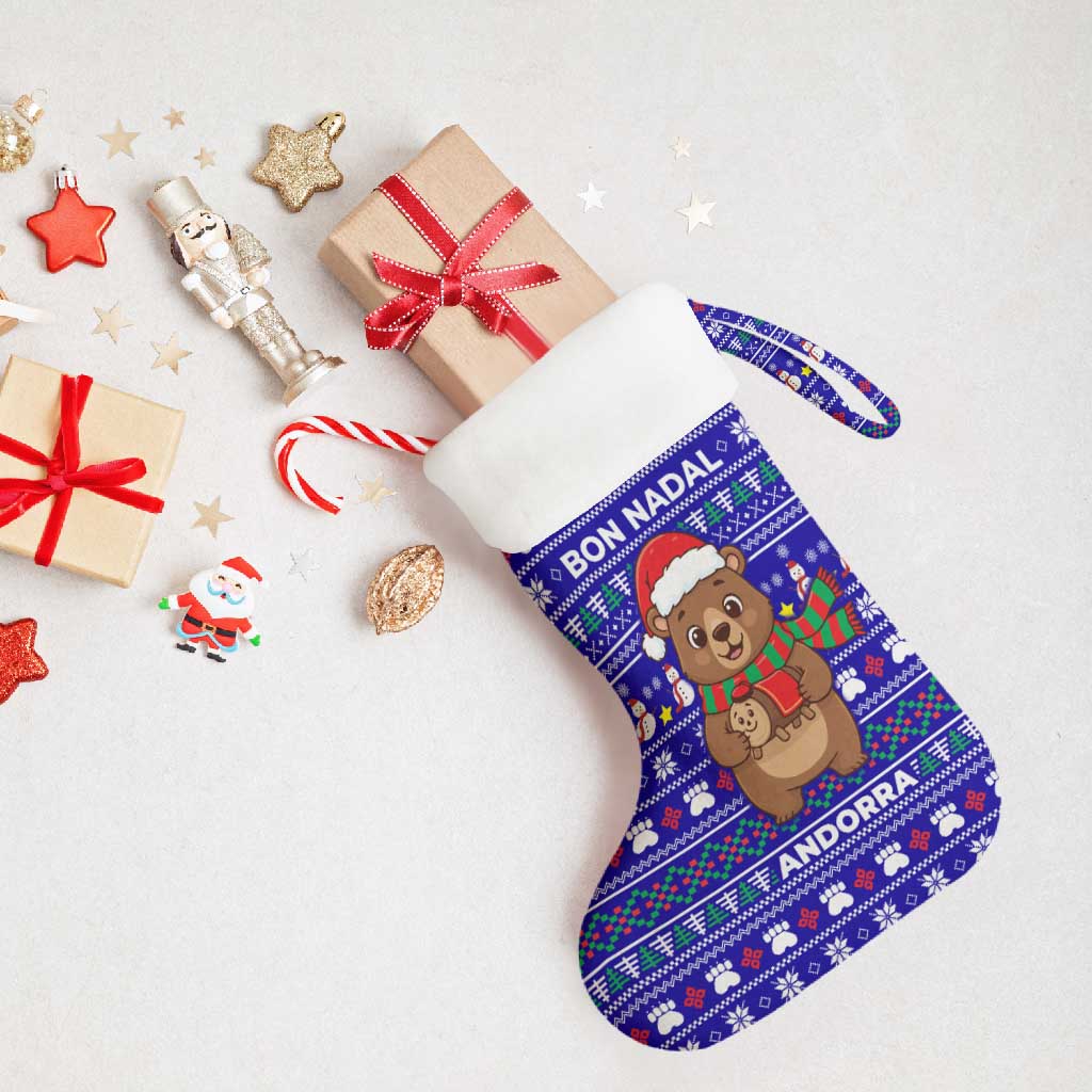 Bon Nadal Andorra Christmas Stocking Holiday Bear, Snowflakes, Paw Prints & Winter - Wonder Print Shop
