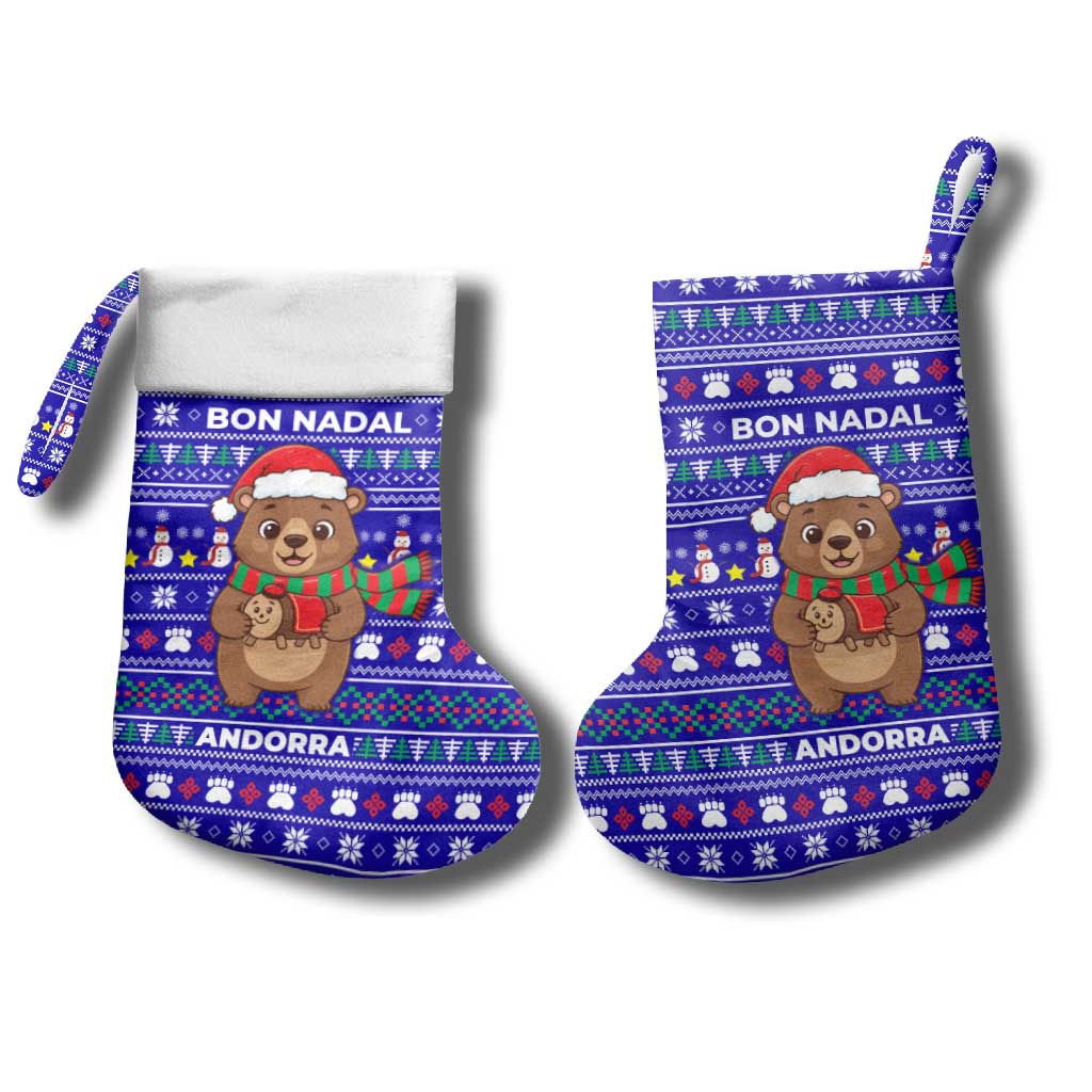 Bon Nadal Andorra Christmas Stocking Holiday Bear, Snowflakes, Paw Prints & Winter - Wonder Print Shop
