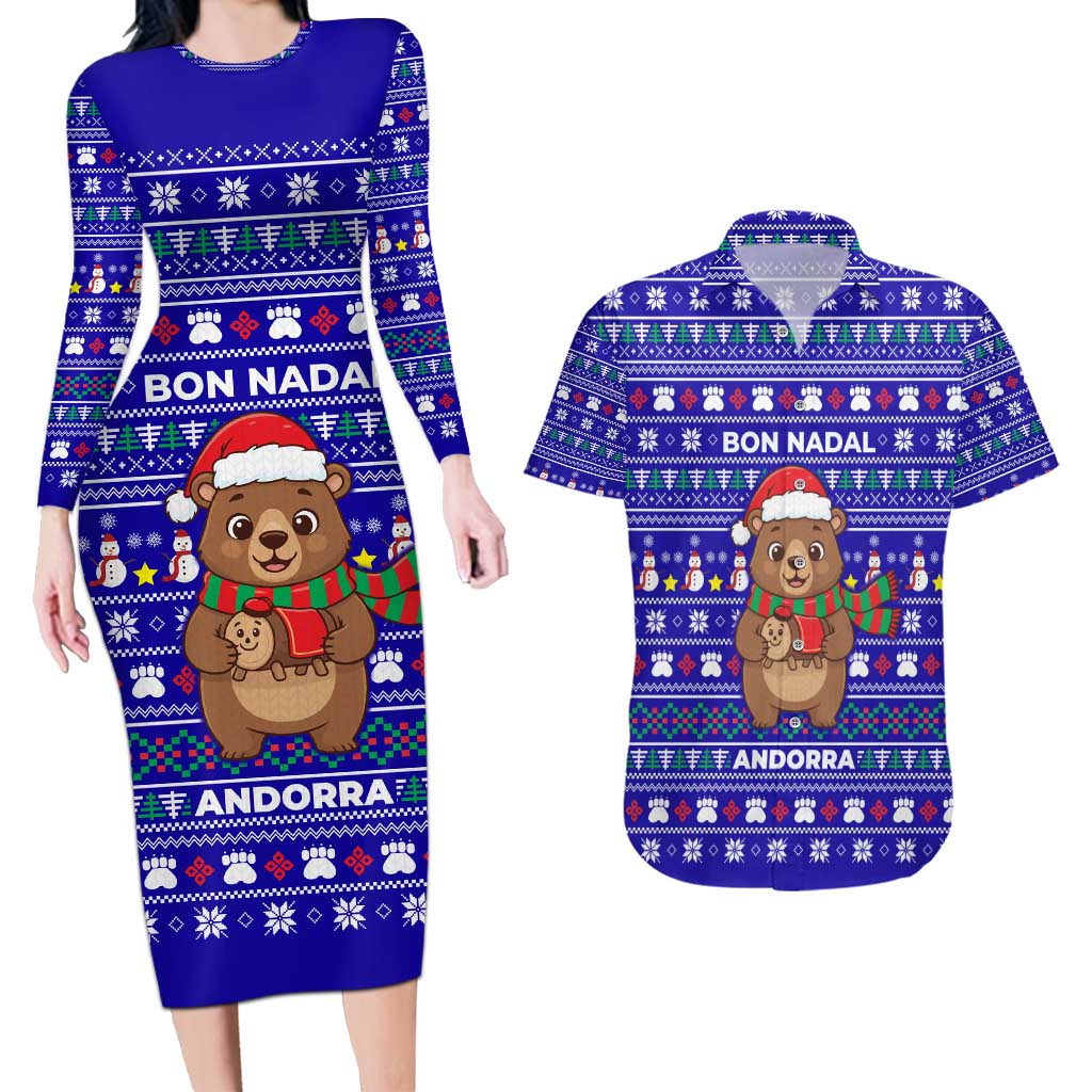 Bon Nadal Andorra Christmas Couples Matching Long Sleeve Bodycon Dress and Hawaiian Shirt Holiday Bear, Snowflakes, Paw Prints & Winter - Wonder Print Shop