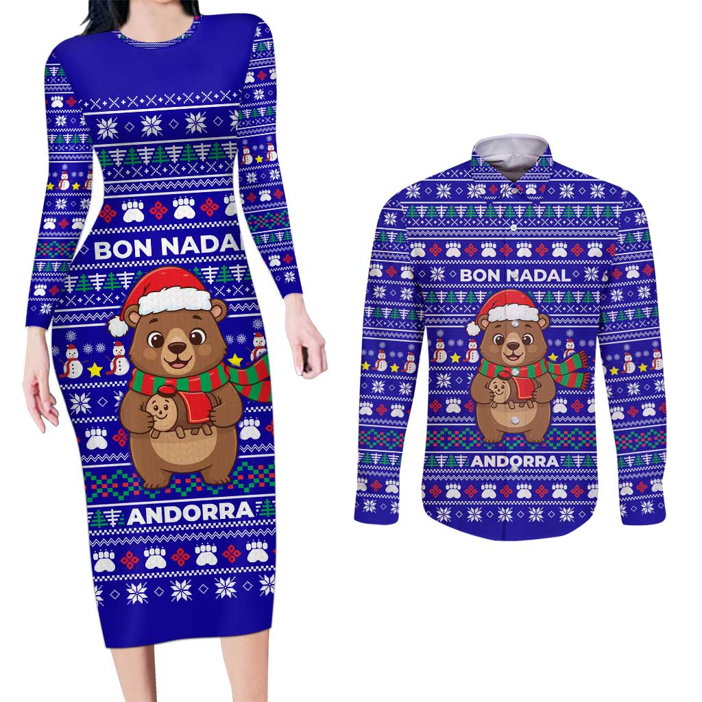 Bon Nadal Andorra Christmas Couples Matching Long Sleeve Bodycon Dress and Long Sleeve Button Shirt Holiday Bear, Snowflakes, Paw Prints & Winter - Wonder Print Shop