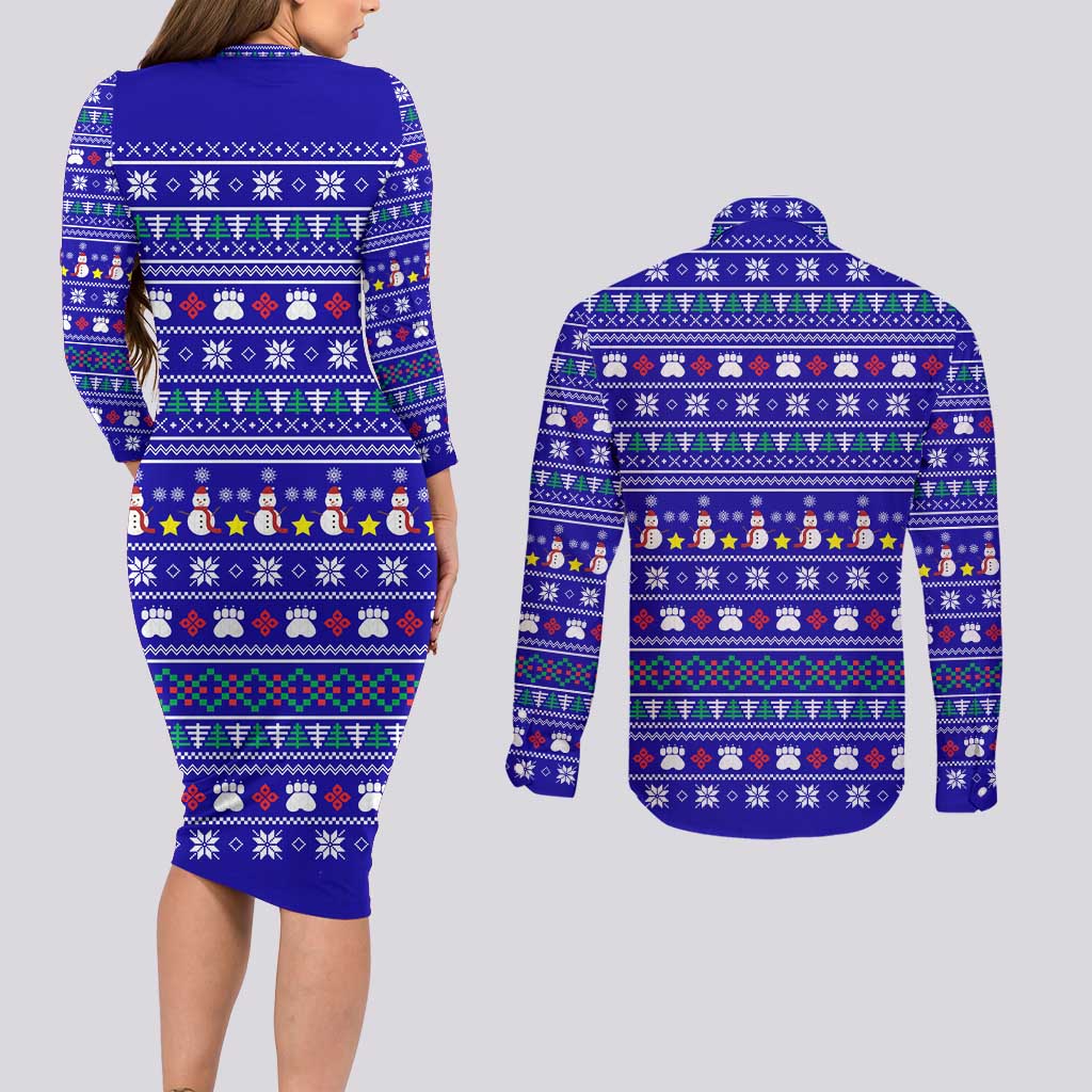 Bon Nadal Andorra Christmas Couples Matching Long Sleeve Bodycon Dress and Long Sleeve Button Shirt Holiday Bear, Snowflakes, Paw Prints & Winter - Wonder Print Shop