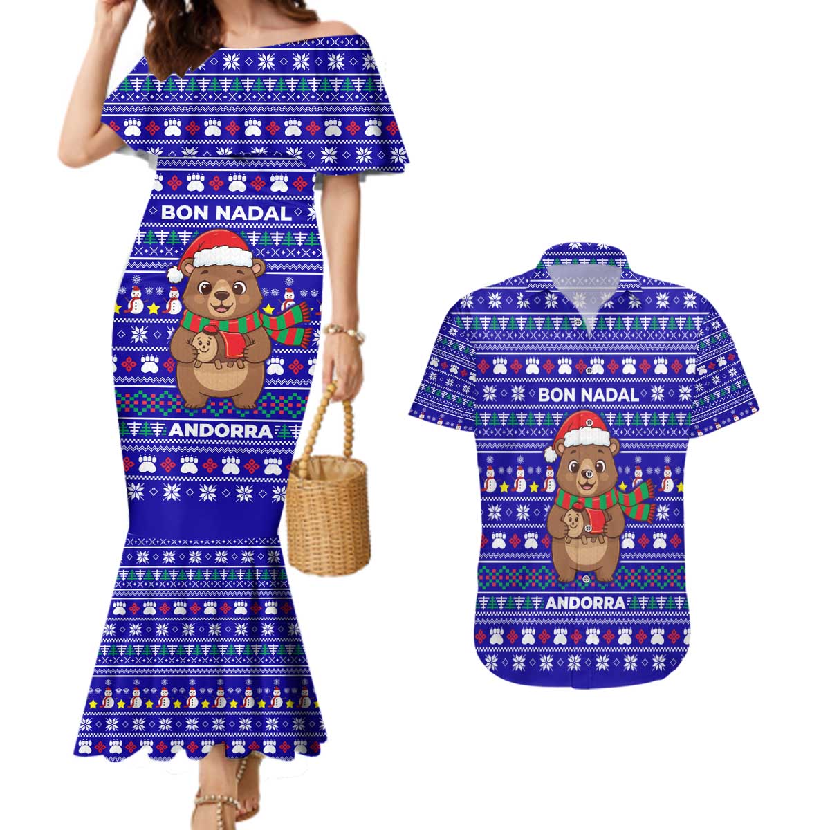 Bon Nadal Andorra Christmas Couples Matching Mermaid Dress and Hawaiian Shirt Holiday Bear, Snowflakes, Paw Prints & Winter - Wonder Print Shop