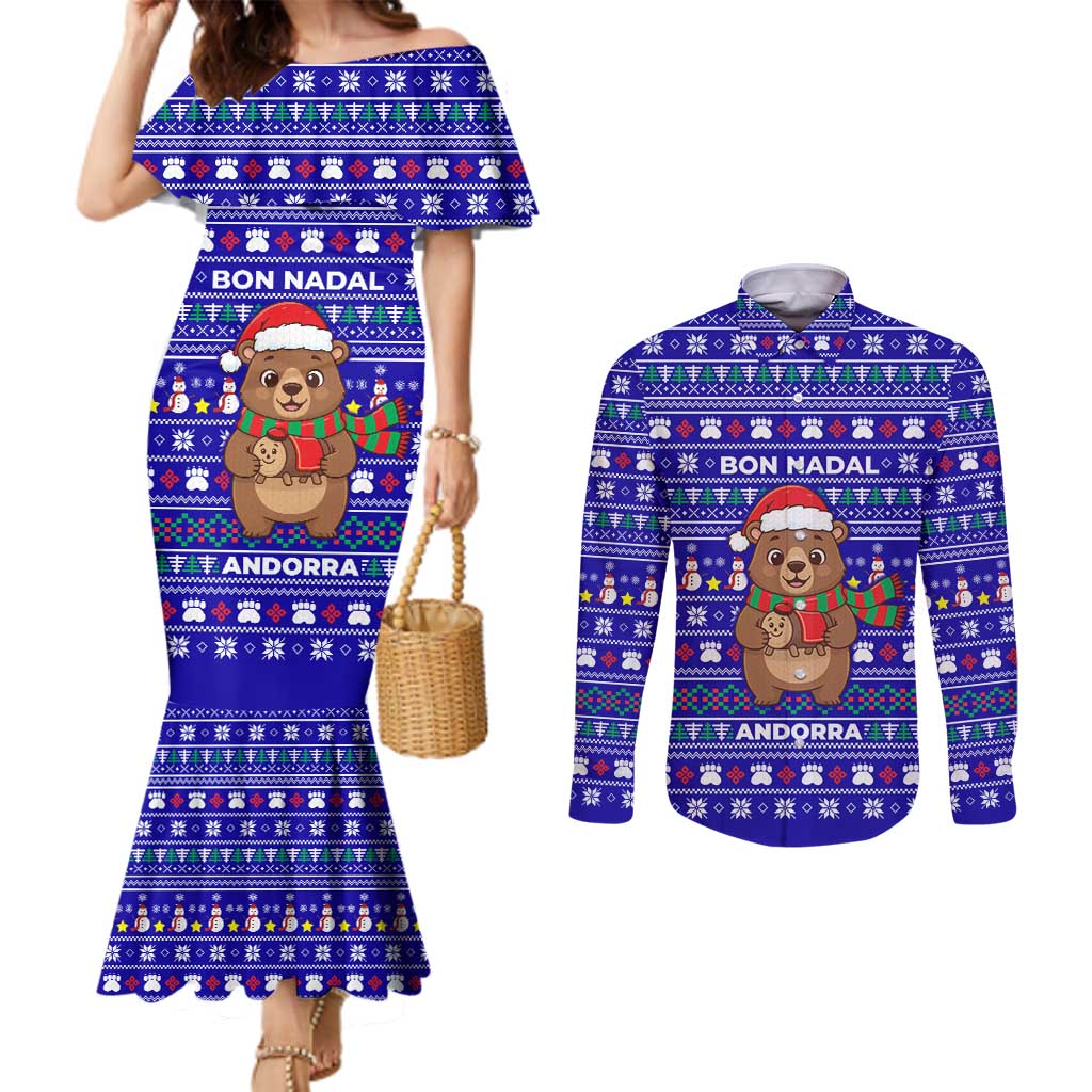 Bon Nadal Andorra Christmas Couples Matching Mermaid Dress and Long Sleeve Button Shirt Holiday Bear, Snowflakes, Paw Prints & Winter - Wonder Print Shop