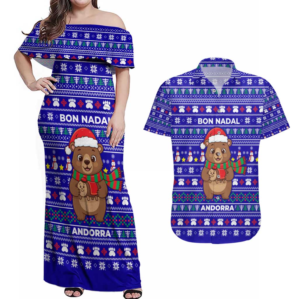 Bon Nadal Andorra Christmas Couples Matching Off Shoulder Maxi Dress and Hawaiian Shirt Holiday Bear, Snowflakes, Paw Prints & Winter - Wonder Print Shop