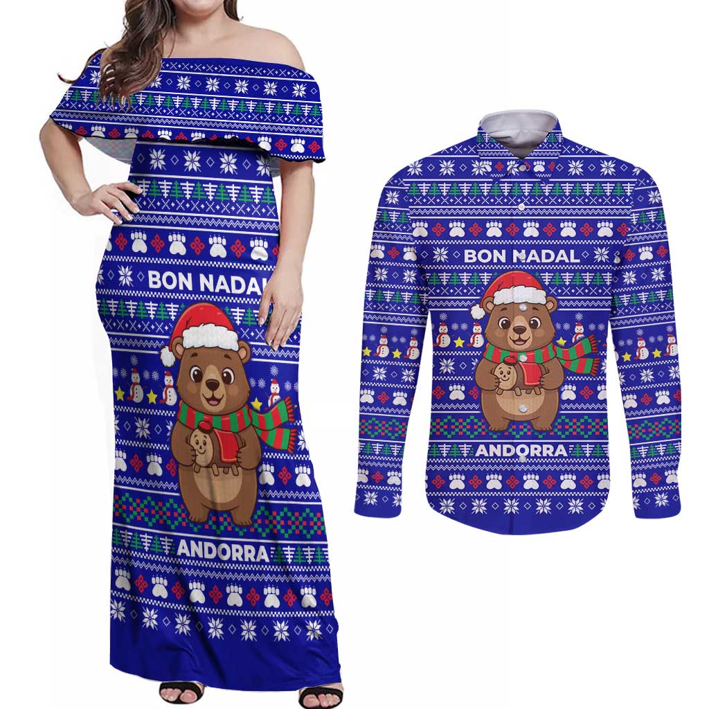 Bon Nadal Andorra Christmas Couples Matching Off Shoulder Maxi Dress and Long Sleeve Button Shirt Holiday Bear, Snowflakes, Paw Prints & Winter - Wonder Print Shop