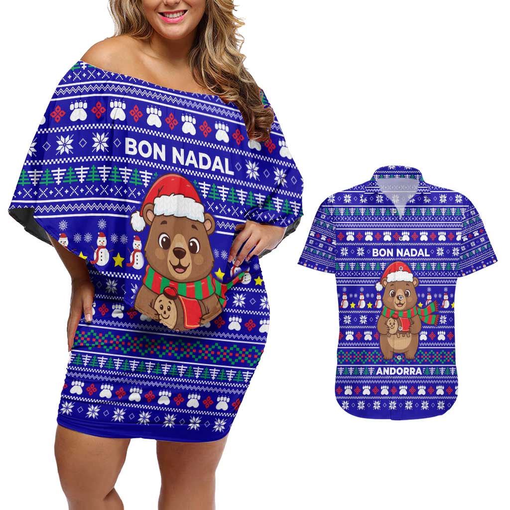 Bon Nadal Andorra Christmas Couples Matching Off Shoulder Short Dress and Hawaiian Shirt Holiday Bear, Snowflakes, Paw Prints & Winter - Wonder Print Shop