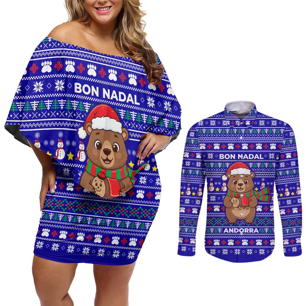 Bon Nadal Andorra Christmas Couples Matching Off Shoulder Short Dress and Long Sleeve Button Shirt Holiday Bear, Snowflakes, Paw Prints & Winter - Wonder Print Shop