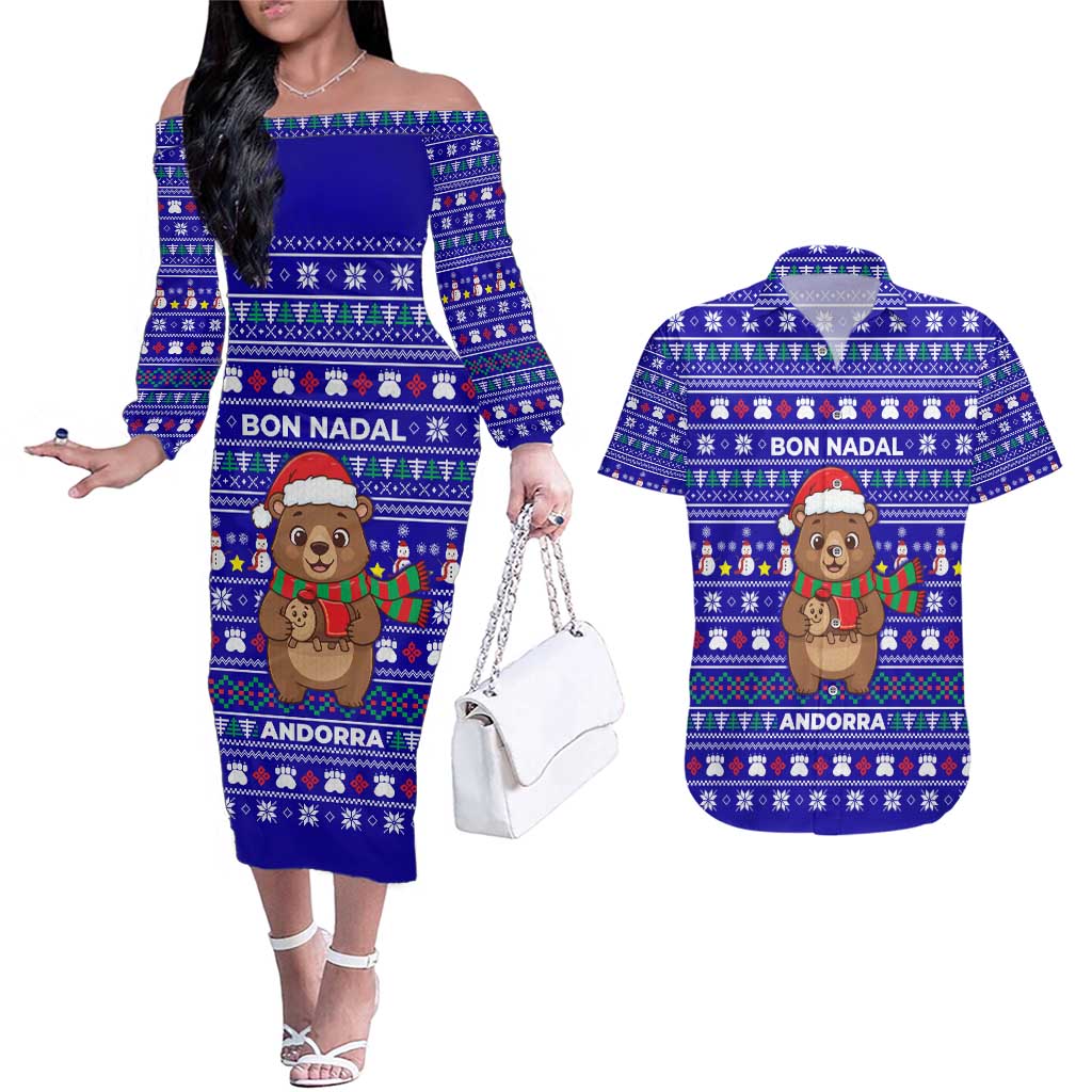 Bon Nadal Andorra Christmas Couples Matching Off The Shoulder Long Sleeve Dress and Hawaiian Shirt Holiday Bear, Snowflakes, Paw Prints & Winter - Wonder Print Shop