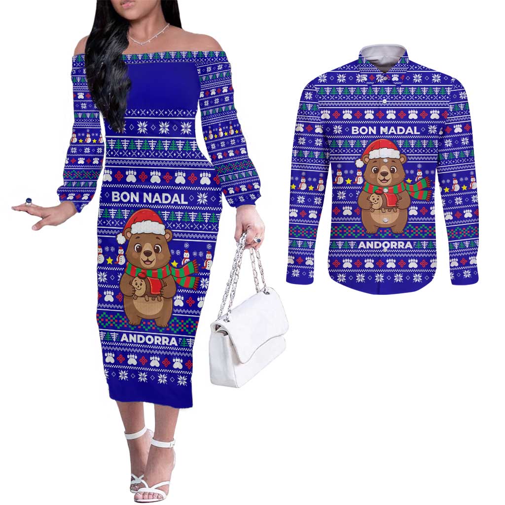 Bon Nadal Andorra Christmas Couples Matching Off The Shoulder Long Sleeve Dress and Long Sleeve Button Shirt Holiday Bear, Snowflakes, Paw Prints & Winter - Wonder Print Shop