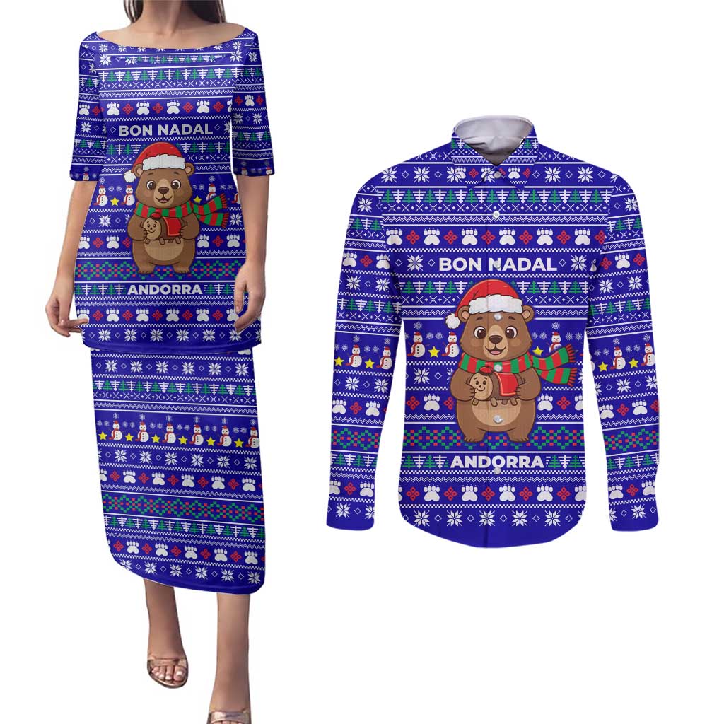Bon Nadal Andorra Christmas Couples Matching Puletasi and Long Sleeve Button Shirt Holiday Bear, Snowflakes, Paw Prints & Winter - Wonder Print Shop