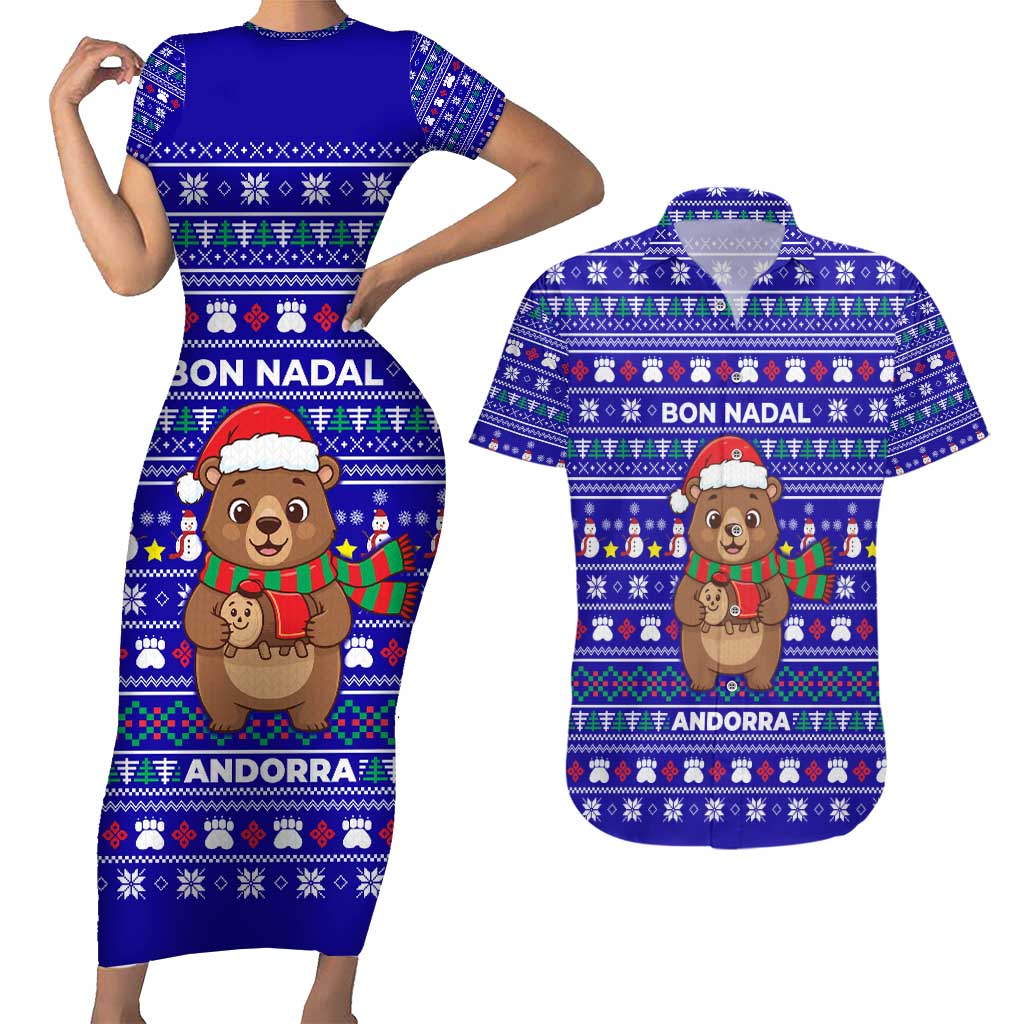 Bon Nadal Andorra Christmas Couples Matching Short Sleeve Bodycon Dress and Hawaiian Shirt Holiday Bear, Snowflakes, Paw Prints & Winter - Wonder Print Shop