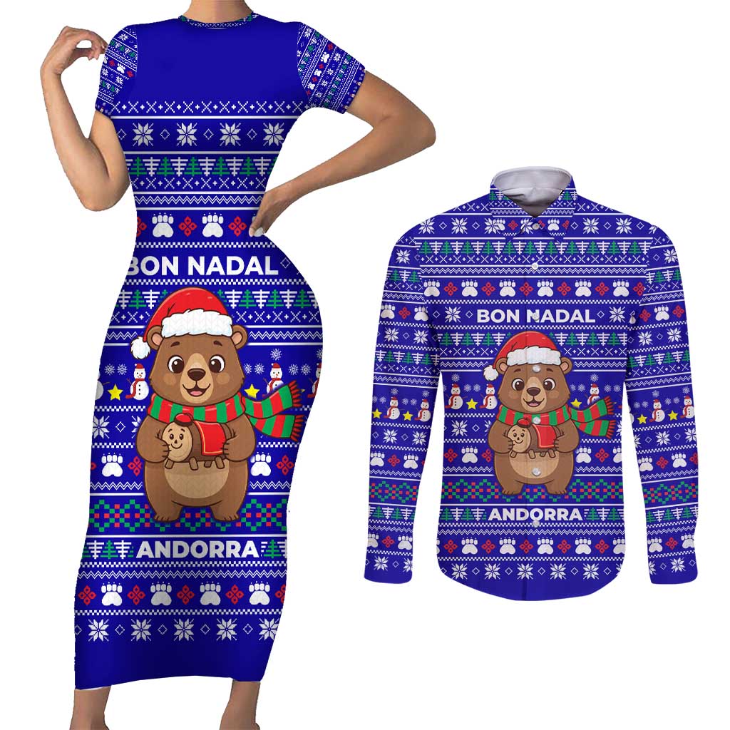 Bon Nadal Andorra Christmas Couples Matching Short Sleeve Bodycon Dress and Long Sleeve Button Shirt Holiday Bear, Snowflakes, Paw Prints & Winter - Wonder Print Shop