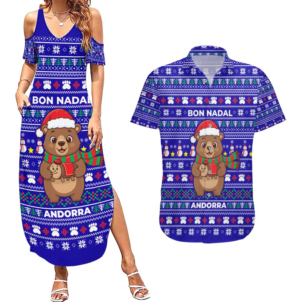 Bon Nadal Andorra Christmas Couples Matching Summer Maxi Dress and Hawaiian Shirt Holiday Bear, Snowflakes, Paw Prints & Winter - Wonder Print Shop