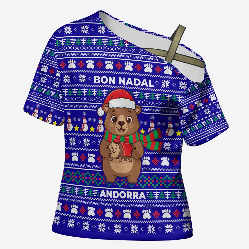 Bon Nadal Andorra Christmas Cross Shoulder Shirt Holiday Bear, Snowflakes, Paw Prints & Winter - Wonder Print Shop