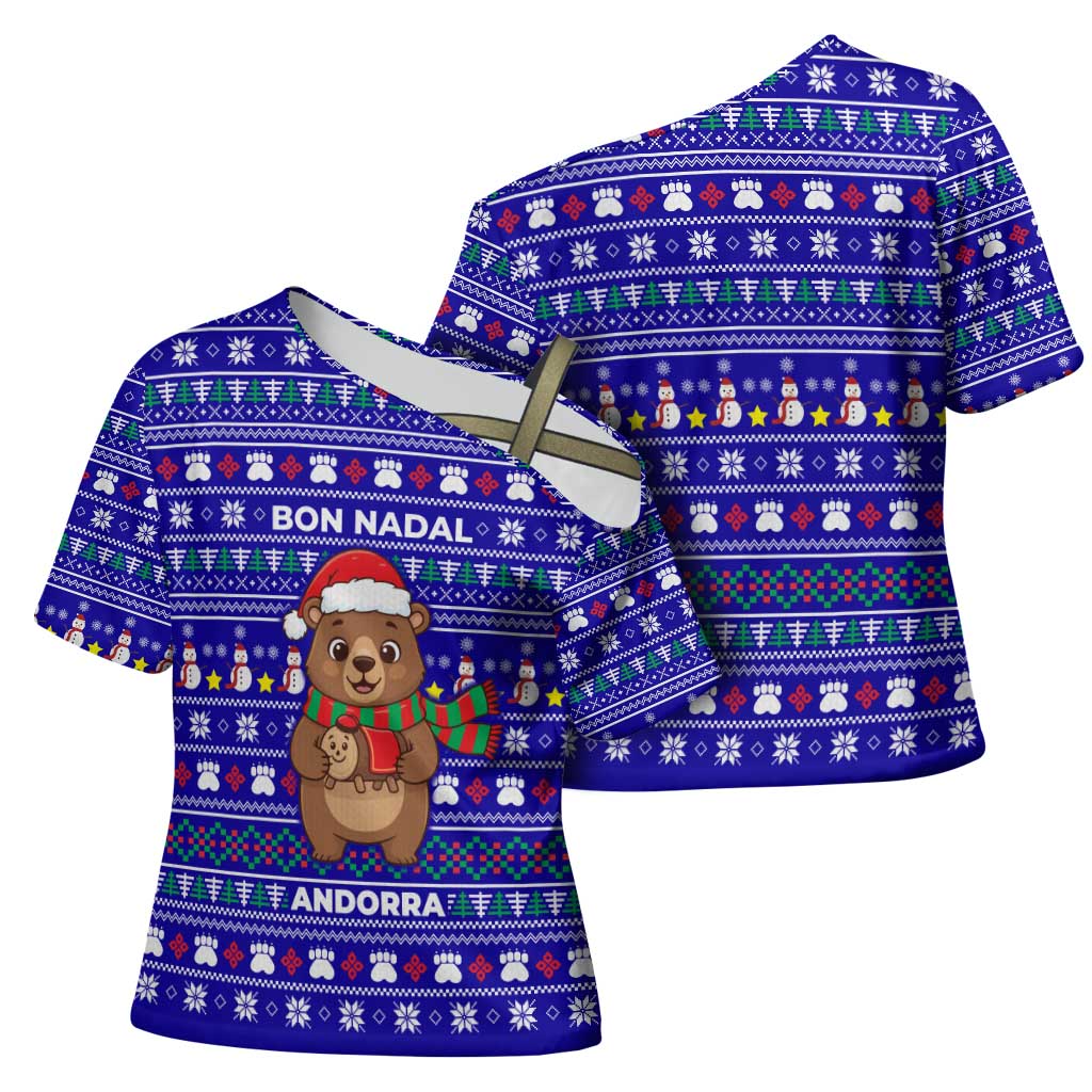 Bon Nadal Andorra Christmas Cross Shoulder Shirt Holiday Bear, Snowflakes, Paw Prints & Winter - Wonder Print Shop