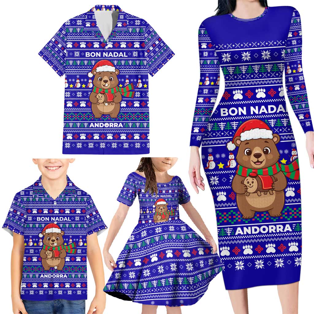 Bon Nadal Andorra Christmas Family Matching Long Sleeve Bodycon Dress and Hawaiian Shirt Holiday Bear, Snowflakes, Paw Prints & Winter - Wonder Print Shop