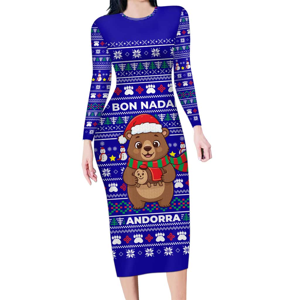 Bon Nadal Andorra Christmas Family Matching Long Sleeve Bodycon Dress and Hawaiian Shirt Holiday Bear, Snowflakes, Paw Prints & Winter - Wonder Print Shop